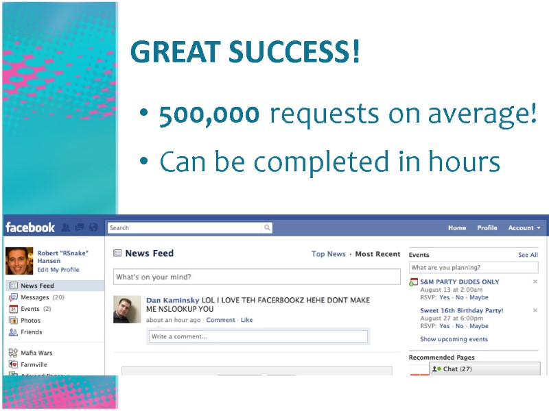 GREAT SUCCESS! 500,000 requests on average! Can be completed in hours